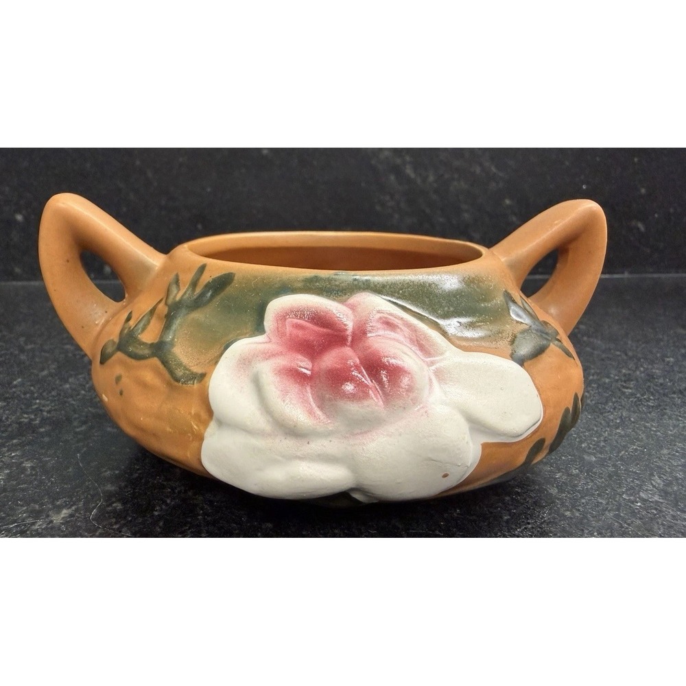 Vintage Roseville Magnolia Pottery Double Handle Bowl Pink White Floral 5"